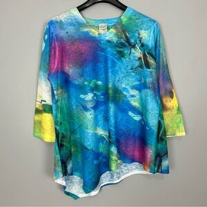 Et’ Lois Art Printed Tunic Top Women’s Size XL Colorful Asymmetrical Hem Knit